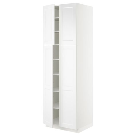 IKEA - SEKTION, High cabinet with shelves/4 doors, white/Axstad matt white, Sturdy frame construction, ¾" thick. You can customize spacing as needed, because the shelves are adjustable. Snap-on hinges can be mounted onto the door without screws, and you can easily remove the door for cleaning. Sektion Kitchen, Cabinet With Shelves, High Cabinet, Kitchen Cabinets And Countertops, Cabinet With Doors, Kitchen System, Kids Flooring, Painted Drawers, Ikea Home