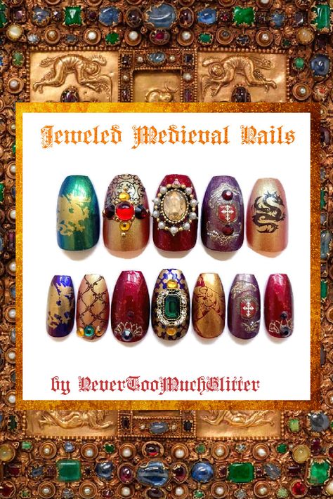 Rennaisance Nails, Fairy Tale Nails, Medieval Nails, Fairytale Nails, Nails With Jewels, Jeweled Nails, Fantasy Ball, Nailinspo Nailart, Ren Faire Costume