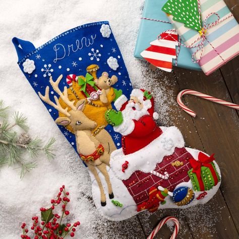 Baby Christmas Stocking, Felt Stocking Kit, Christmas Stocking Kits, Santa Toys, Stocking Designs, Felt Stocking, Christmas Felt, Applique Kit, Bead Sewing