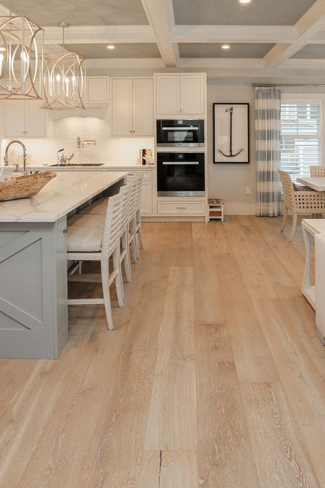 New England White Kitchen, Country White Floors, Kitchen With Wood Flooring, Natural Wood Floor Kitchen, Kitchen Inspo Light Floors, Lighter Flooring Ideas, Light Oak Floors Kitchen White Cabinets, Light Wood Floors White Kitchen, Flooring In A White Kitchen