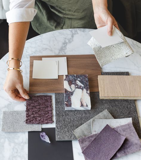 Interior Design Flatlay, Material Color Palette, Purple Living Room, Flat Lay Inspiration, Aesthetic Interior Design, House Color Palettes, Material Board, Boutique Interior Design, Interiors Inspiration