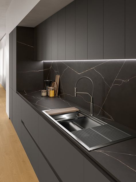 Black Kitchen Inspiration, Black Tiles Kitchen, Modern Grey Kitchen, Серая Кухня, Kitchen Tiles Design, Modern Kitchen Cabinet Design, Modern Kitchen Interiors, Kitchen Design Plans, Modern Kitchen Cabinets