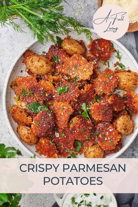 These Crispy Parmesan Potatoes are about to level up dinner! These cheesy potatoes with the perfect crispy edges make for the perfect side dish with a delicious golden parmesan crust. This will become your new favorite way to prepare baby potatoes. Everyone will want seconds! Golden Potato Recipes, Baked Baby Potatoes, Baby Potato Recipes, Crispy Parmesan Potatoes, Parmesan Crusted Potatoes, Parmesan Roasted Potatoes, Southern Thanksgiving, Roasted Baby Potatoes, Potatoes In Oven