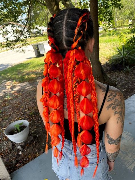 Red Braiding Hairstyles, Red Braided Ponytail, Fire Braids, Rave Braids Festival Hair, Orange Hairstyles, Hair Braid Ideas, Ponytail Bubble, Fake Hair Braids, Braids Festival