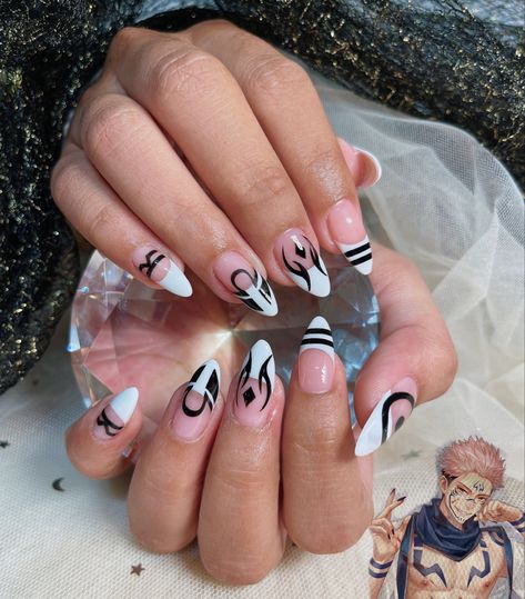 Anime Almond Nails, Megumi Nails, Gojo Nails, Jujutsu Kaisen Nails, Jjk Nails, Anime Nail, Nail Magic, Jujutsu Kaisen Anime, Anime Nails