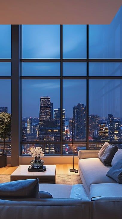 Living Room At Night, Skyline Backdrop, Room At Night, City Aesthetics, City View Night, Twilight Scenes, Home Cinema Room, Urban Apartment, Plush Sofa