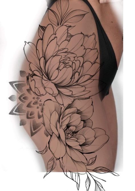 Mandala And Flower Hip Tattoo, Flower Hip Tattoo Designs, Leg And Hip Tattoos, Line Tattoo Spine, Peony Thigh Tattoo, Floral Thigh Tattoos Women, Hip Flower Tattoo, Tattoo Women Butterfly, Floral Leg Tattoo