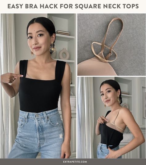 easy DIY way to hide bra when wearing a square neck top // simple at home fix with a rubber band Diy Bra Straps, Fix Bra, Bra Strap Clip, Hide Bra Straps, Tops Amazon, Trash To Couture, Diy Bra, Bra Hacks