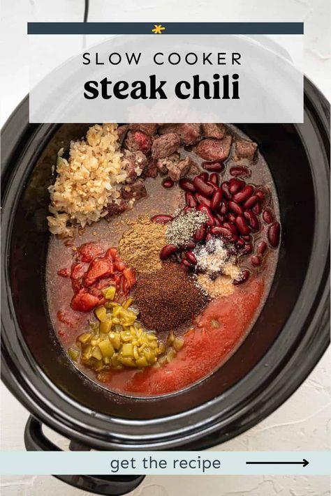 A dump-and-go steak chili recipe for the crock pot that is hearty, mouthwatering, and deeply flavorful. 

Simply dump all the ingredients in a crock pot (or Instant Pot) and the chili slow cooks all day. The result is a slightly spicy, fall-apart tender, slow cooker steak chili you’ll love coming home to!

Find this easy Steak Chili recipe and many more on Thriving Home. Crockpot Steak Chili, Chili Recipe Crockpot With Steak, Steak Chili Recipe Crockpot, Sirloin Chili Recipe Crockpot, Slow Cooker Chili With Stew Meat, Deer Chilli Recipe Crock Pot, Slow Cooker Steak Chili, Steak Chili Recipe, Steak Chili