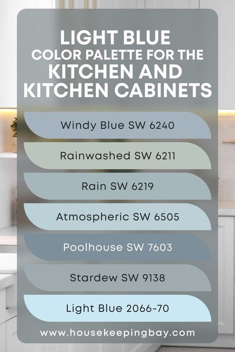 Light Blue Color Palette for the Kitchen and Kitchen Cabinets Sw Light Blue Paint Colors, Sherwin Williams Windy Blue Cabinets, Stardew Color Palette, Sw Stardew Cabinets, Light Blue Kitchen Cabinets Sherwin Williams, Sw Atmospheric, Sw Poolhouse, Sw Smokey Blue Paint, Light Blue Cabinets Kitchen