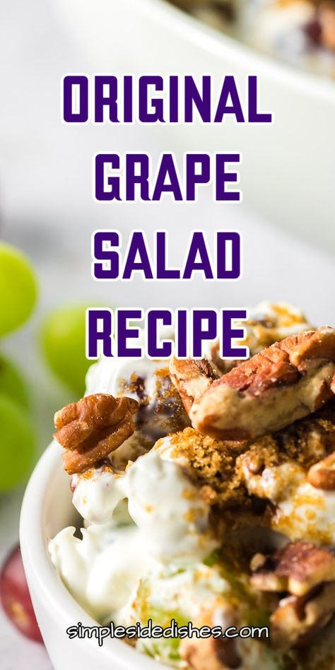 This Original Grape Salad Recipe takes fresh, juicy grapes and smothers them in a sweet cream cheese dressing topped with crunchy pecans. It’s is a delicious recipe you will be reaching for again and again. #numstheword #originalgrapesaladrecipe #grapesalad #grapesaladrecipe #recipeforgrapesalad #grapesaladwithcreamcheese #saladgrapes #creamygrapesalad #easygrapesaladrecipe Cream Cheese Dressing, Asparagus Pizza, Grape Salad Recipe, Candied Pecan, Salad With Grapes, Onion Casserole, Frozen Butternut Squash, Vanilla Extract Recipe, Turkey Salad