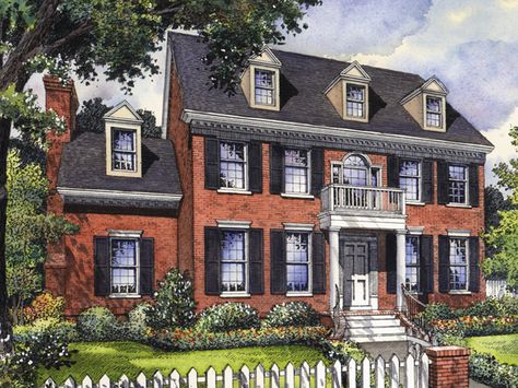 exterior Small Colonial House, Shutters Brick House, Georgian House Plans, Classic House Plans, Small Colonial, Beach Style House Plans, Georgian Houses, House Plans Colonial, Georgian Colonial