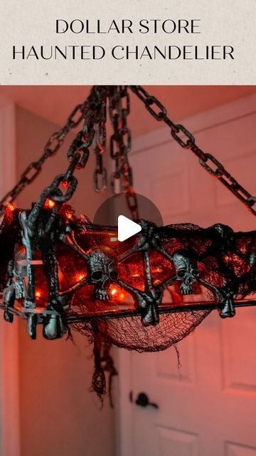 Jessica Cole on Instagram: "Haunted chandelier!! This has the be THE coolest Halloween DIY to come out of the dollar store this season! 

Here’s what you need (all items from @dollartree)

4- skeleton fence post
4- plastic chain 
Creepy fabric
String lights 
Zip ties 

Directions:

1) cut the ground spikes off of the fence posts 

2) create a square with the 4 posts and zip tie together 

3) slip the plastic chain into each corner of the fence post and zip tie 

4) hang lights and zip tie 

5) drape creepy fabric over the top 

Plug lights in and enjoy!!! 👻 

#halloweendecor #halloweendecorations #halloweendecorating #halloweendecorideas #diyhalloweendecorations #diyhalloweendecor #spookydecor #spookyseason #dollarstoredecor #dollarstorediy #halloweendollartree #halloweendollarstore #fall Dollar Store Halloween Diy, Halloween Chandelier, Halloween Fence, Horror Crafts, Halloween Lamps, Dollar Tree Halloween, Halloween Props Diy, Holiday Decor Halloween, Dollar Store Halloween