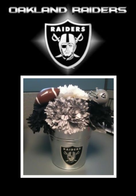 Oakland Raiders Flower Pen Arrangement  www.creativepensbyedith.com Raiders Centerpieces Party Ideas, Raiders Flower Arrangement, Raiders Bday Party Ideas, Raiders Party Ideas, Diy Raiders Decor, 50 Birthday Ideas, 50 Birthday Ideas For Men, High School Graduation Party Favors, Raiders Party