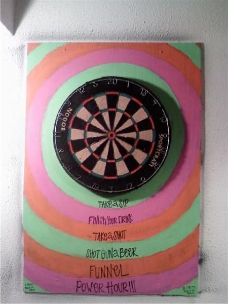 dart board drinking game, home made by me 2008 Drinking Dart Board, Dartboard Drinking Game, Painted Dart Board Drinking Game, Pub Dart Board, Cute Dart Board, Home Made Games, Dartboard Backer, Dart Board, Drinking Games