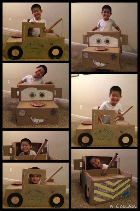 mater - cardboard car for the race برق بنزين, Cars Birthday Party Ideas, Cardboard Box Car, Birthday Party Box, Cars Birthday Party, Cardboard Car, Disney Cars Party, Tow Mater, Anniversaire Diy