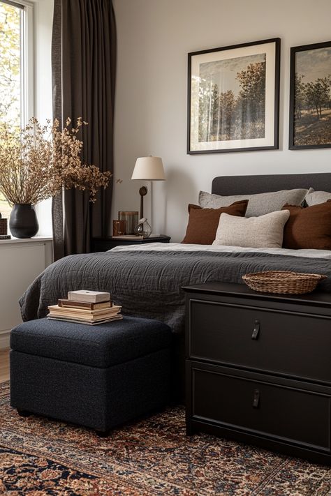 15 Tips for a Serene Grey Bedroom – Everyday Inspo Slate Grey Bed, Dark Gray And Cream Bedroom, Gray Room Color Scheme, Grey Scheme Bedroom, Dark Brown Master Bed, Bedroom Decor Light Grey Walls, Grey Vintage Bedroom, Gray Bed Ideas Bedrooms, Gray Bed Comforter Ideas