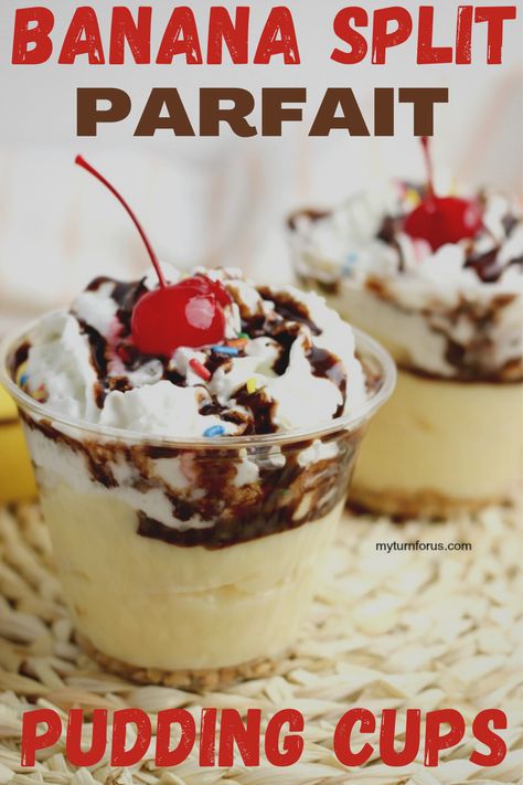 These Banana split parfait pudding cups are made with layers of goodness.  Banana pudding, whipped cream, chocolate syrup, bananas, nuts and sprinkles make this an amazing banana split dessert. #BananaSplitParfait #BananaSplitDessert #BananaSplitPudding #BananaSplitPuddingCups #Myturnforus #BananaSplitLayeredDessert Banana Pudding Whipped Cream, Banana Split Pudding, Pudding Whipped Cream, Cooking Crab, Whipped Cream Chocolate, Banana Split Dessert, Parfait Cups, Pudding Parfait, Creamy Pudding