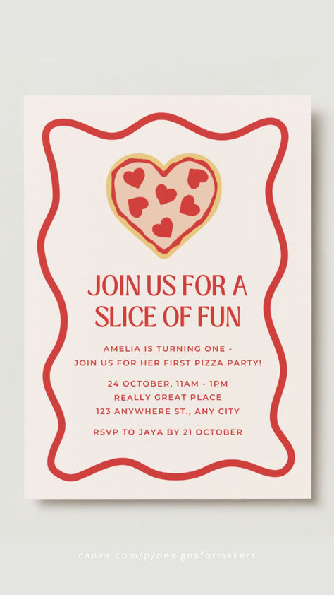 Red Pink Modern Pizza Slice of Fun Kids Birthday Invitation Pizza Night Party, Pizza Party Themes, Professional Invitation, Romantic Dinner Setting, Kids Birthday Invitation Template, Pizza Party Invitations, 23 Birthday, Dinner Setting, Kids Birthday Invitation