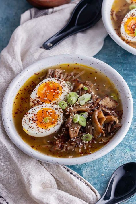 This easy mushroom miso soup with noodles is a healthy and warming vegetarian meal. My favourite spicy mushroom soup is made with white miso paste and topped with a runny boiled egg. #thecookreport #misosoup #noodles Runny Boiled Egg, Mushroom Miso Soup, Mushroom Miso, Miso Recipes, Spicy Mushroom, Miso Recipe, Miso Soup Recipe, Cheap Clean Eating, Miso Paste