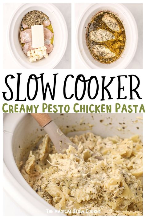 Slow Cooker Pesto Chicken, Crockpot Pesto Chicken, Lemon Pesto Chicken, Pesto Mozzarella Chicken, Creamy Pesto Chicken Pasta, Slow Cooker Pasta Recipes, Magical Slow Cooker, Pesto Mozzarella, Crockpot Pasta