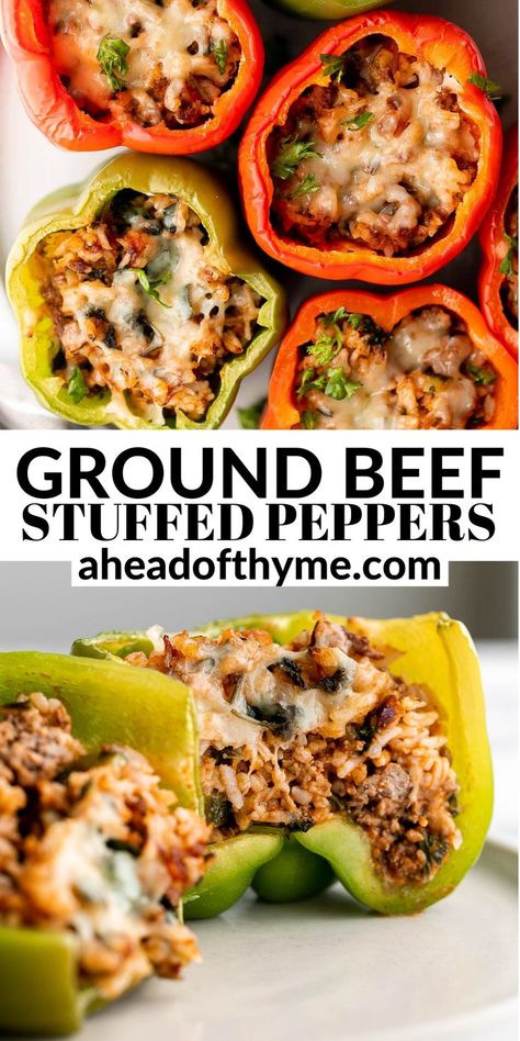 Ground Beef Stuffed Peppers, Beef Stuffed Peppers, Stuffed Bell Peppers Ground Beef, Healthy Pork Chops, Stuffed Peppers Beef, Rice And Veggies, Ground Beef Rice, Thyme Recipes, Beef Rice