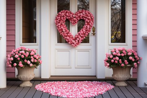 front door settings in valentines day interior design style Front Door Valentines Day Decor, Valentines Front Porch Decor, Valentines Porch Decor, Valentine Porch Decor, Valentines Day Style, Front Yard Decor, Front Walk, Valentines Decor