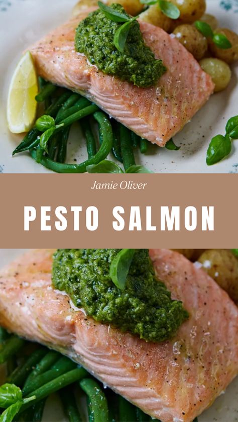 Jamie Oliver Pesto Salmon Jamie Oliver Pesto, Pesto Salmon Recipe, Pesto Salmon, Lemon Green Beans, New Potatoes, Jamie Oliver Recipes, New Potato, Salmon Recipe, Pesto Sauce