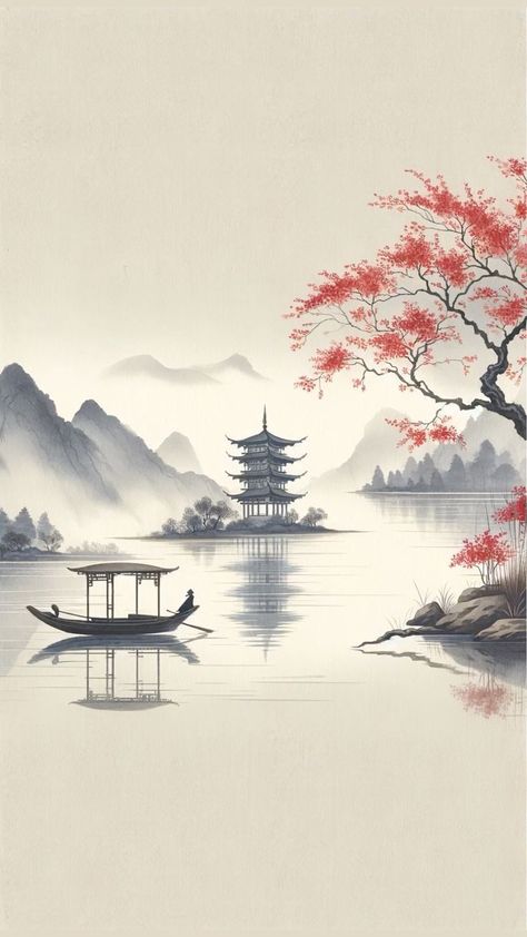 Traditional Chinese Art Wallpaper, Simple Scenery Drawing, Chinese Scenery, Chinese Watercolor, Zen Painting, Asian Landscape, Traditional Chinese Art, Japanese Tree, Japan Painting