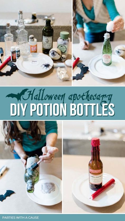 Create your own spooky Halloween apothecary with these simple DIY poison bottles. Collect fun jars, add a label, and put them on display! See the easy ways to serve your poison at Parties With A Cause. #halloweendecor #poisonbottle #apothecaryjars Diy Spooky Bottles, Diy Poison Bottles, Diy Apothecary Jars, Poison Bottles, Diy Potion Bottles, Diy Halloween Apothecary Jars, Apothecary Diy, Halloween Apothecary Jars, Halloween Apothecary