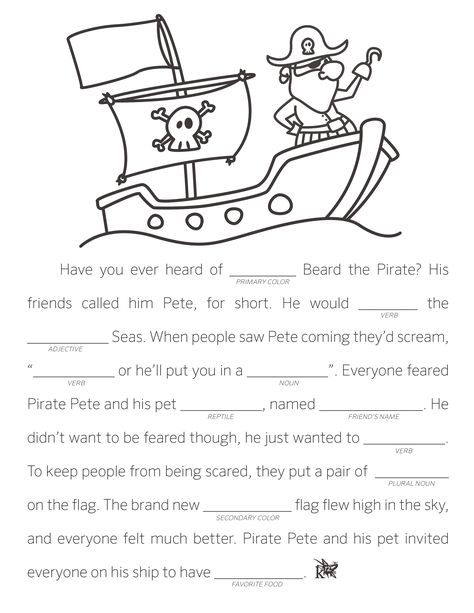 Have fun with this Fill in the blank story pdf. Print it out, fill in the words, and color in the picture. Pirate Activities, Mad Libs, Pirate Day, Fill In The Blank, Reading Worksheets, Writing Worksheets, Pirate Theme, Pirate Ship, Homeschool Resources