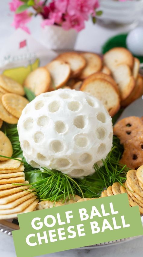 ⛳️ Fore! Swing into flavor with our delightful golf ball-shaped cheese ball! Made with delicious cheese and seasonings, it's the perfect tee-off treat for your next golf-themed party or snack time on the green. Perfect appetizer for Masters weekend too! Serve with crackers for a hole-in-one appetizer everyone will love! 🧀🏌️‍♂️ Golf Party Finger Foods, Golf Appetizers Parties, Masters Party Appetizers, Masters Party Snacks, Golf Ball Cheese Ball, Golf Charcuterie Board Ideas, Golf Inspired Food, Golf Themed Appetizers, Golf Snacks Ideas