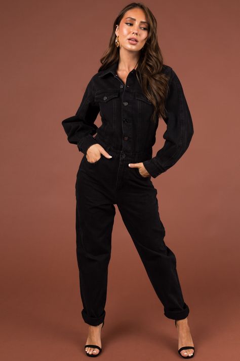 Long Sleeve Denim Jumpsuit, Button Up Long Sleeve, Denim Jumpsuit, Black Button, Black Jumpsuit, Inside Out, Straight Leg, Button Up, Size 4