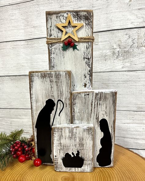 "In the heart of your holiday decor, our Primitive Christmas Nativity Set beckons with rustic charm and timeless tradition. Crafted with care, this nativity scene encapsulates the spirit of the season, bringing the sacred story to life in your home. Handmade from reclaimed wood.   Approximate Dimensions: 7\"x12\" Every item you see in this shop is uniquely handmade. We re-create to the best of our ability, but the beauty of handcrafted items is that each is truly one-of-a-kind. When ordering an item, please expect there to be slight discrepancies in the flowers and/or wood grain, etc. Colors can sometimes look slightly different due to the computer monitor settings and differences." Christmas Crafts 2x4, Rustic Nativity Scene, 4 X 4 Wood Crafts Ideas, Christmas Crafts With Wood Blocks, Crafts With Pallets, Scrap Wood Christmas Decor, Pallet Christmas Signs, Christmas Wood Craft Ideas, Christmas Crafts Diy Projects Wood