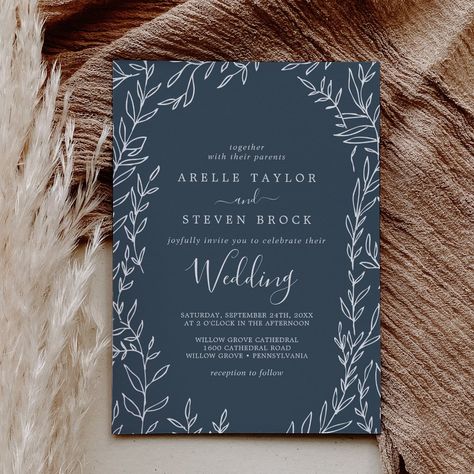 This minimal leaf slate blue wedding invitation card is perfect for an elegant wedding. The design features a simple greenery silhouette in a dark gray blue with classic minimalist style. Rustic Blue Wedding Invitations, Dark Dusty Blue Wedding Theme, Dark Navy Wedding Theme, Blue Winter Wedding Invitations, Wedding Invites Blue, Wedding Slate Blue, Dark Blue Wedding Theme, Sage Wedding Invite, Whimsical Minimalist