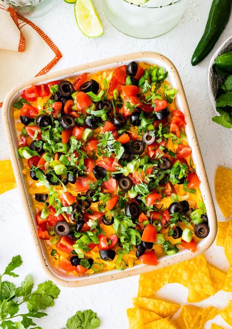 7 Layer Dip Greek Yogurt Guacamole, Sweet Potato Chips Baked, Layered Dip Recipes, Canning Refried Beans, 7 Layer Dip, Cookout Sides, Homemade Beans, Cookout Side Dishes, Seven Layer Dip