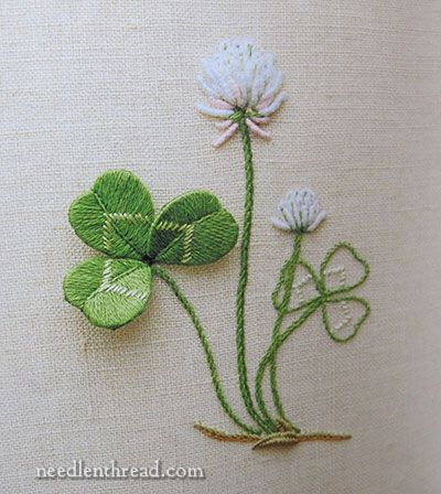 learning stumpwork | And my goodness, the flowers just jump off the page! They look so real ... Shamrock Embroidery Patterns, Shamrock Embroidery, Heritage Quilt, Brazilian Embroidery Stitches, Embroidery Patterns Vintage, Learn Embroidery, Pola Sulam, Brazilian Embroidery, Embroidery Supplies