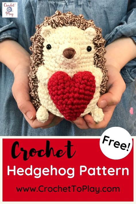 This amigurumi hedgehog pattern is adorable and free!  Crochet this quick and easy pattern for a Valentine's Day gift.  #crochethedgehog #amigurumihedgehog Crochet Hedgehog Pattern, Amigurumi Hedgehog, Free Heart Crochet Pattern, Crochet Characters, Hedgehog Pattern, Crochet Hedgehog, Crochet Heart Pattern, Crochet Geek, Crochet Animals Free Patterns