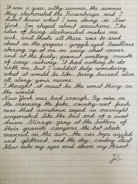 Practicing #cursive #handwriting with the first paragraphs from #TheBellJar Paragraph Writing Worksheets, Bad Handwriting, Amazing Handwriting, Cursive Writing Practice Sheets, Learn Handwriting, Writing Practice Sheets, Cursive Handwriting Practice, Handwriting Examples, Perfect Handwriting