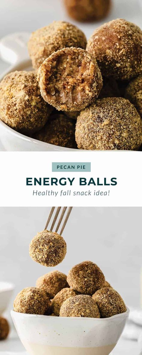 The perfect fall snack is here. These pecan pie balls are processed in a food processor and rolled in graham cracker crumbs. Pie Balls, Healthy Fall Snacks, Pecan Pie Balls, Protein Packed Snacks, Fall Desserts Easy, Fall Snacks, Roasted Pecans, Energy Snacks, Pecan Recipes