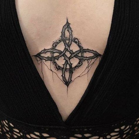 Witch Tattoo Neck, Witch Knot Tattoo Design, Pagan Tattoo For Women, Witch Knot Tattoo, Witches Knot Tattoo, Pentacle Tattoo, Chest Neck Tattoo, Wicca Tattoo, Celtic Tattoo For Women