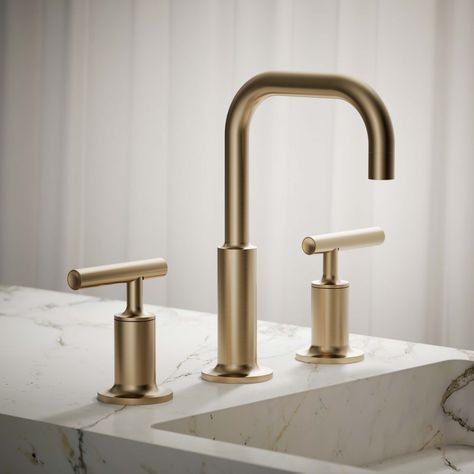 Combining architectural forms with sensual design lines, Purist faucets and accessories bring a touch of modern elegance to your bathroom. This sink faucet exemplifies the Purist collection's understated style, with its low gooseneck spout and lever handles. Easy-to-install and leak-free UltraGlide(TM) valves provide reliable performance and durability. And the spout features laminar flow, which helps conserve water while preventing splashing. KOHLER Purist Vibrant Brushed Bronze Widespread 2-Handle WaterSense Bathroom Sink Faucet with Drain | 14406-4-BV Kohler Bathroom Fixtures, Aged Bronze Bathroom Fixtures, Bathroom Fixtures And Finishes Ideas, Brushed Bronze Bathroom Fixtures, Kohler Brushed Bronze Bathroom, Kohler Purist Bathroom, Kohler Vibrant Brushed Moderne Brass, Brushed Bronze Bathroom, Kohler Vibrant Brushed Bronze