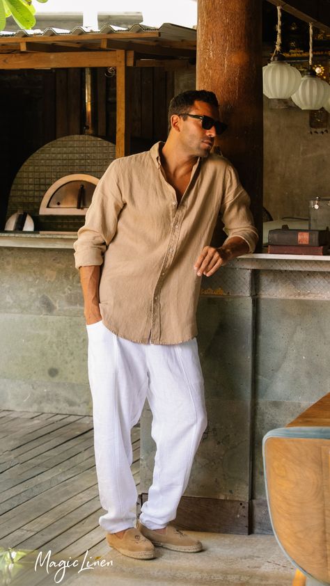 Men Resort Outfit, What To Wear On A Cruise Men, Florida Men Outfits, Greek Men Fashion, Mediterranean Outfit Men, Men’s Linen Shirt, Wine Tasting Outfit Men, Linen Button Down Men, Mens Linen Shirt Outfit