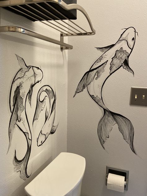 Mythical Pets, Draw Canvas, Fish Mural, Wall Drawing Ideas, Bedroom Art Painting, Nails Color Street, Bathroom Wall Mural, Art Motivational Quotes, Bathroom Mural