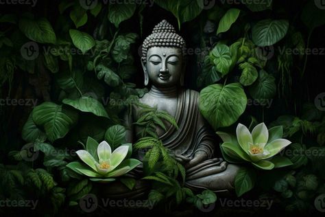 Buddha statue with lotus flower and green leaves background AI Generated Lotus Flower Images, Buddha Background, Green Leaves Background, Wolverine Artwork, Lotus Wallpaper, Green Leaf Background, Buddha Artwork, Best Whatsapp Dp, Leaves Background