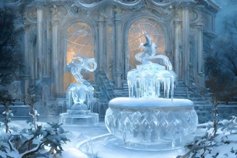 Cj Core, Dragon Academy, Castle Aesthetic Interior, Frozen Kingdom, Crystal Fountain, Frozen Fountain, Snow Garden, Frozen Wedding, Snow Castle