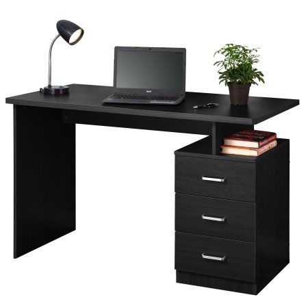 Fineboard Home Office Desk with 3 Drawers, Black Black Study Table, Wooden Bed Side Table, Bed Side Table Design, Meja Sofa, Computer Desk Design, Black Home Office, Office Table Design, Furniture Design Wooden, Side Table Design