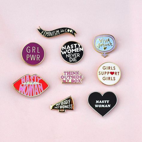 girl power Pin Back Buttons Ideas, Cute Button Pins, The Cute Feminist, Girl Power Stickers, Feminist Patch, Feminist Button Pins, Girl Power Shirt, Jacket Pins, Backpack Pins