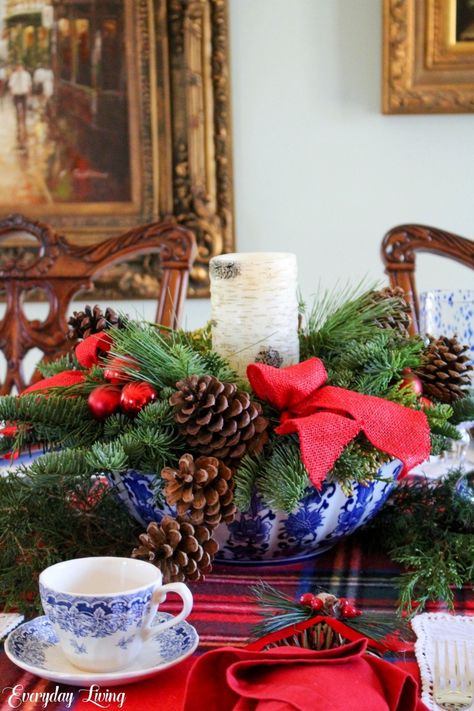 Birch Centerpieces, Blue And White Christmas, Birch Candles, Chinoiserie Christmas, Tartan Christmas, Christmas Centerpiece, Holiday Centerpieces, Rustic Wreath, Christmas Tablescapes