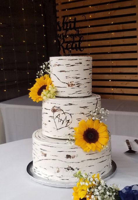 3 Tier - Birch Wood - Rustic - Sunflowers Birch Wedding Cakes, Sunflower Wedding Cake, Rustic Sunflower Wedding, Country Wedding Cakes, Sunflower Themed Wedding, 3 Tier Wedding Cakes, Wedding Cake Rustic, Wedding Dessert Table, Rustic Wedding Cake